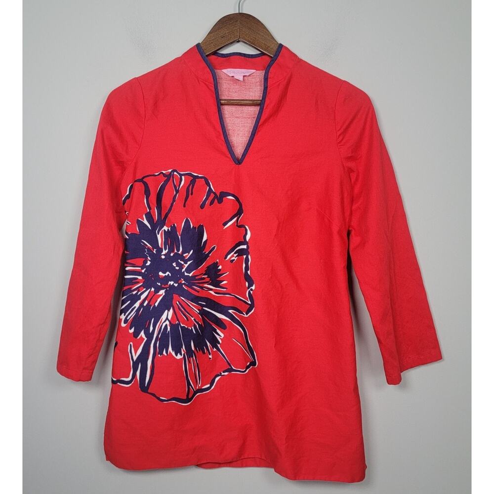 Lilly Pulitzer Top XS Red V Neck Ciara Hibiscus Floral Cotton